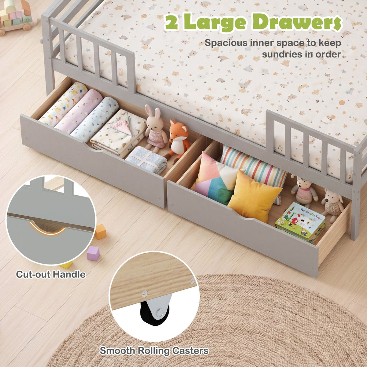 Full Size Daybed with Fence and 2 Drawers for Boys and Girls-Gray view 7