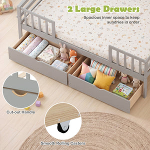 Full Size Daybed with Fence and 2 Drawers for Boys and Girls-Gray view 7