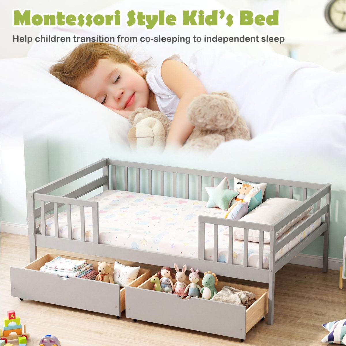 Full Size Daybed with Fence and 2 Drawers for Boys and Girls-Gray view 8