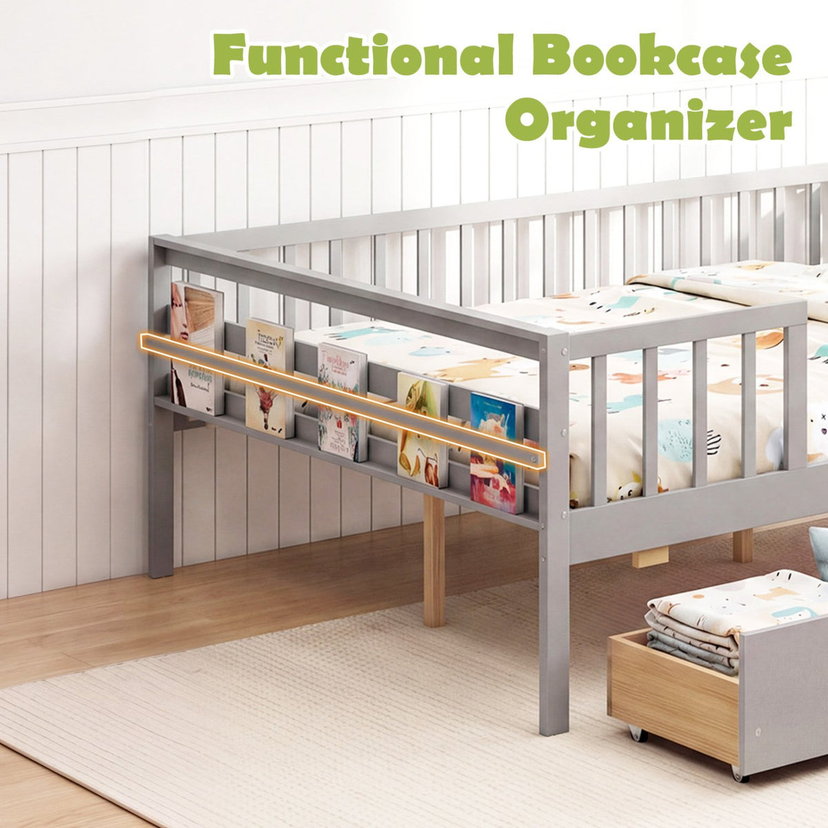 Full Size Daybed with Fence and 2 Drawers for Boys and Girls-Gray view 9