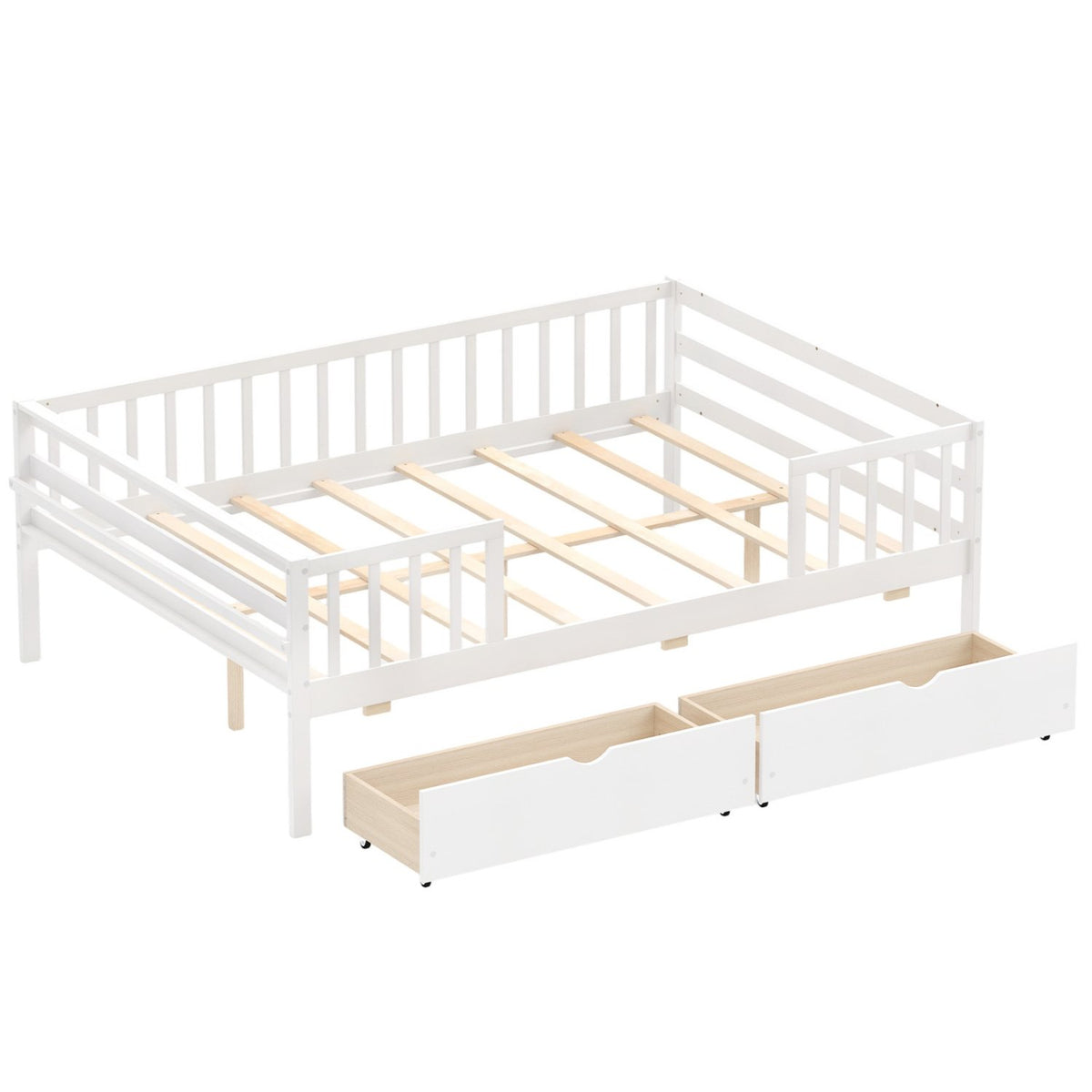 Full Size Daybed with Fence and 2 Drawers for Boys and Girls-White