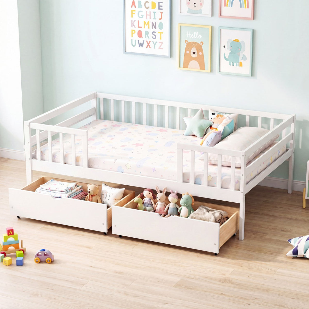 Full Size Daybed with Fence and 2 Drawers for Boys and Girls-White view 2