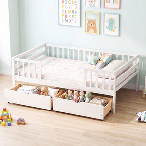 Full Size Daybed with Fence and 2 Drawers for Boys and Girls-White view 2