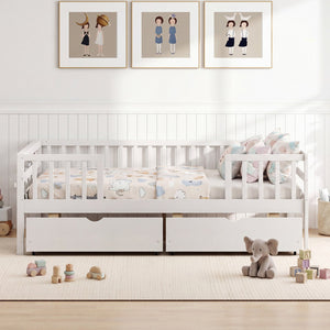 Full Size Daybed with Fence and 2 Drawers for Boys and Girls-White view 3