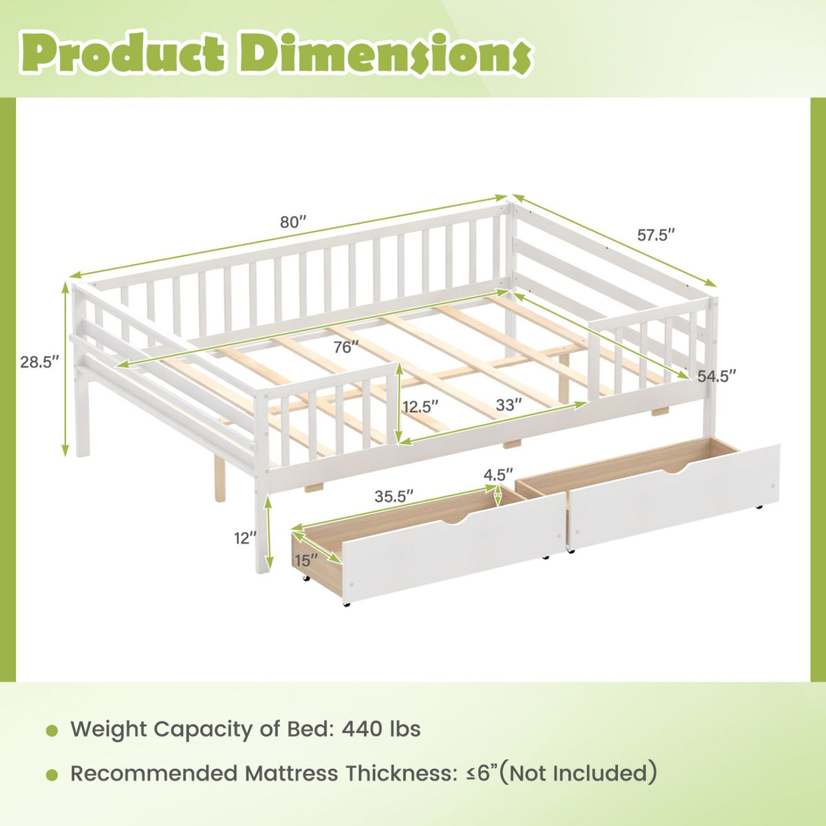 Full Size Daybed with Fence and 2 Drawers for Boys and Girls-White view 4