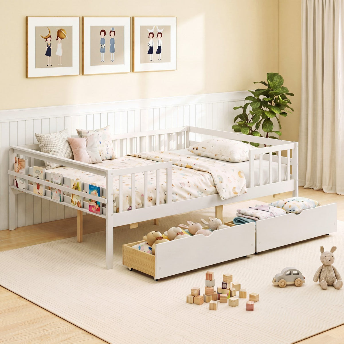 Full Size Daybed with Fence and 2 Drawers for Boys and Girls-White view 5