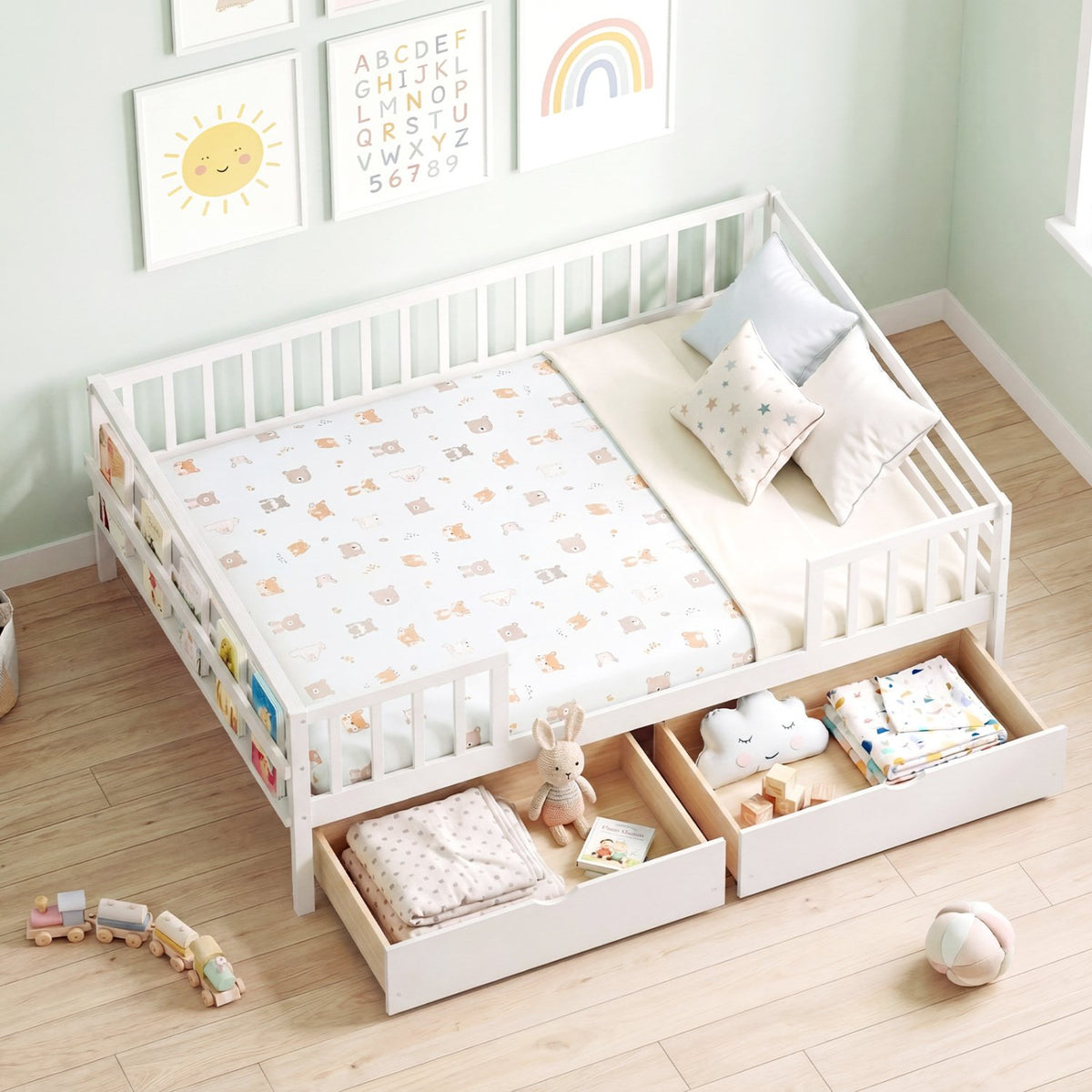 Full Size Daybed with Fence and 2 Drawers for Boys and Girls-White view 6