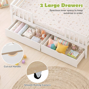 Full Size Daybed with Fence and 2 Drawers for Boys and Girls-White view 7