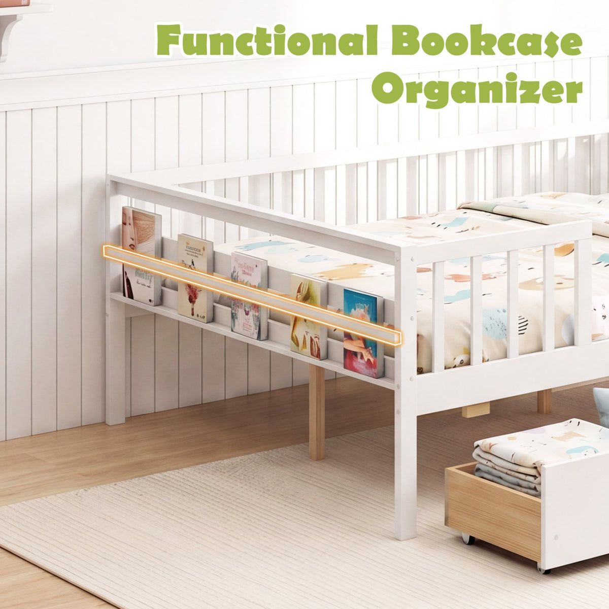 Full Size Daybed with Fence and 2 Drawers for Boys and Girls-White view 9