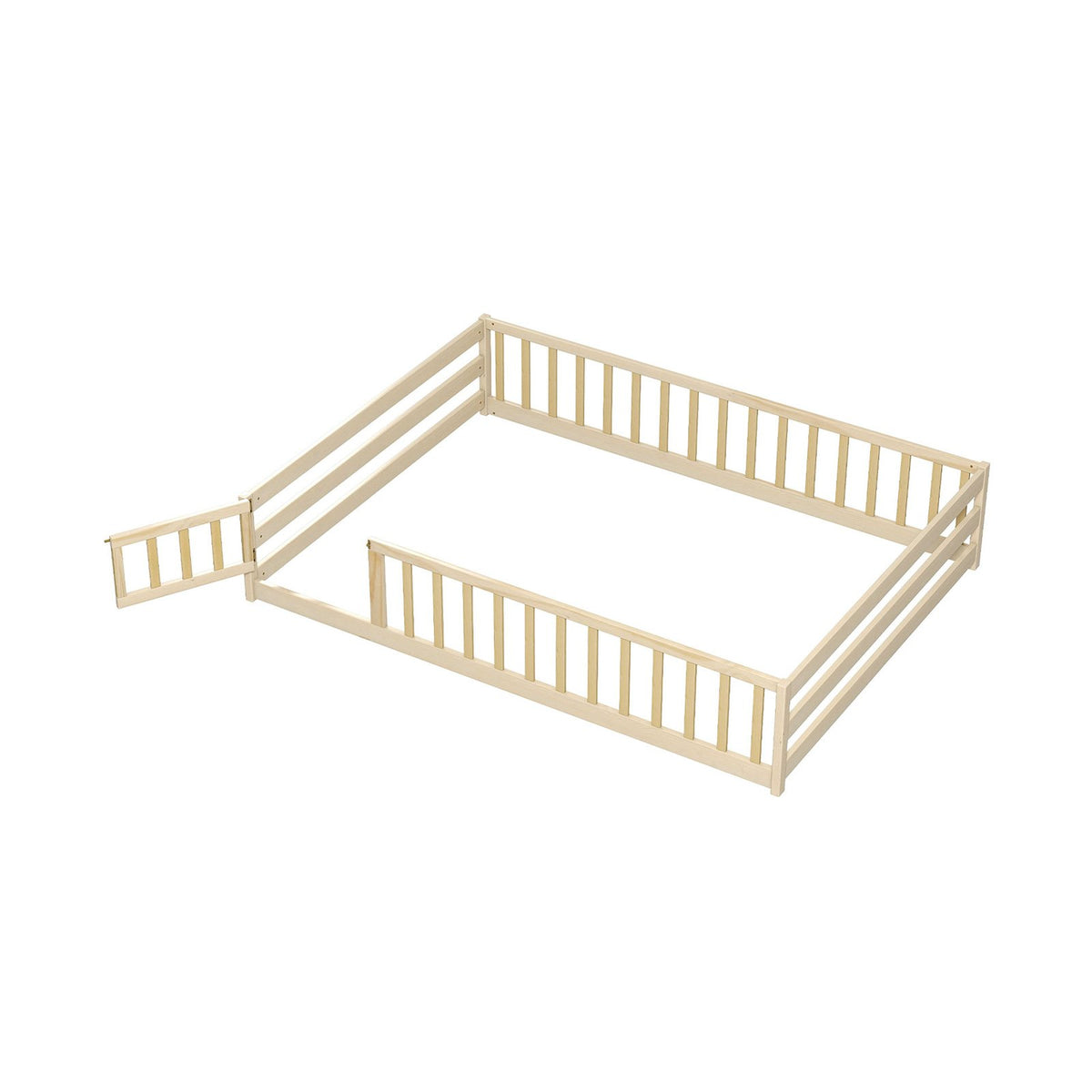 Full Size Floor Bed with Full Length Safety Guardrails-Natural