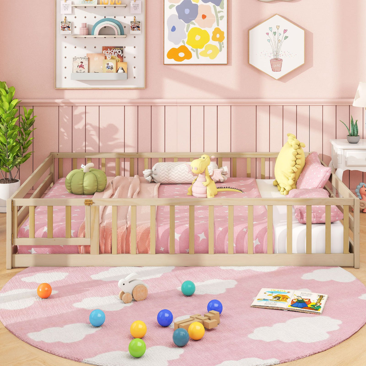Full Size Floor Bed with Full Length Safety Guardrails-Natural view 3