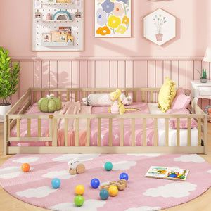 Full Size Floor Bed with Full Length Safety Guardrails-Natural view 3