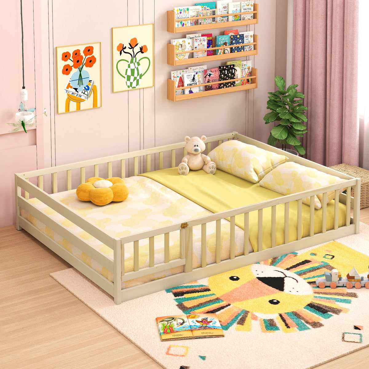 Full Size Floor Bed with Full Length Safety Guardrails-Natural view 6