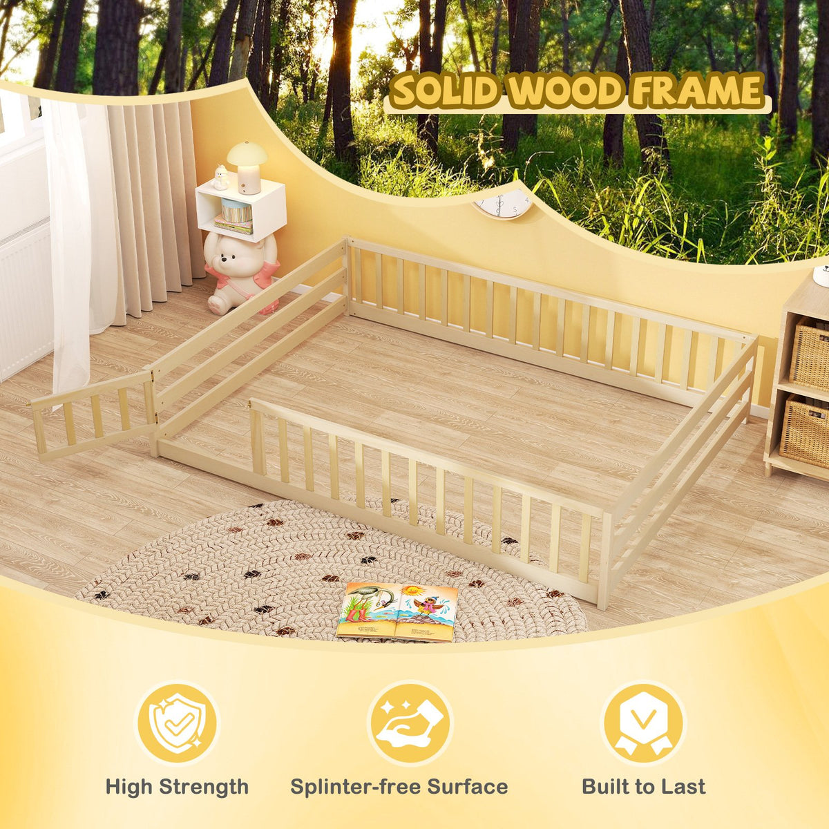 Full Size Floor Bed with Full Length Safety Guardrails-Natural view 8