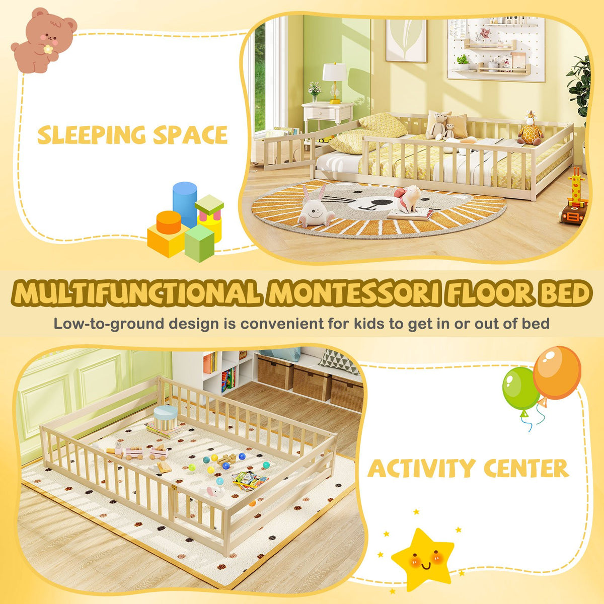 Full Size Floor Bed with Full Length Safety Guardrails-Natural view 9