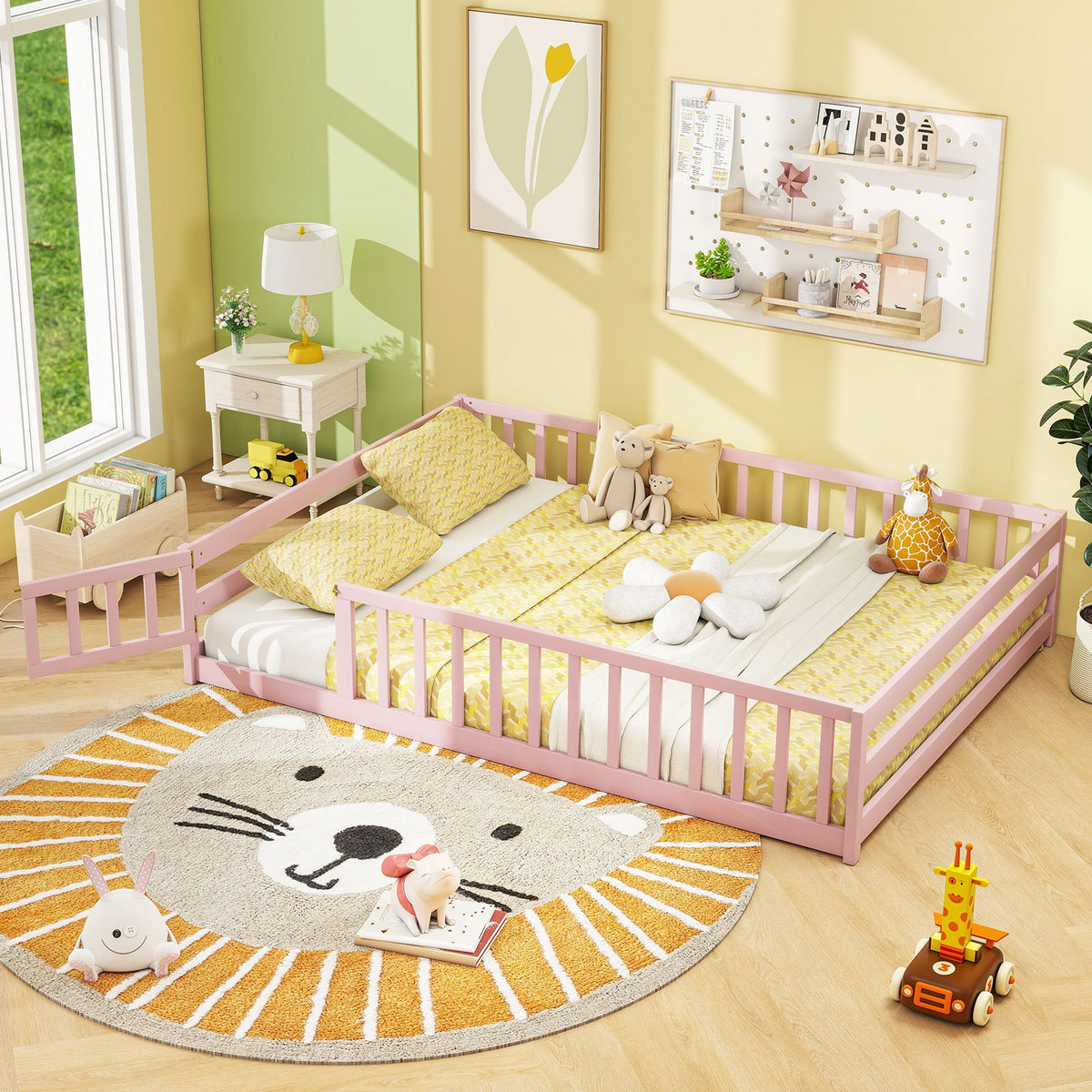 Full Size Floor Bed with Full Length Safety Guardrails-Pink view 2