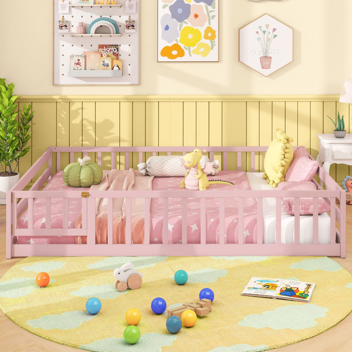 Full Size Floor Bed with Full Length Safety Guardrails-Pink view 3