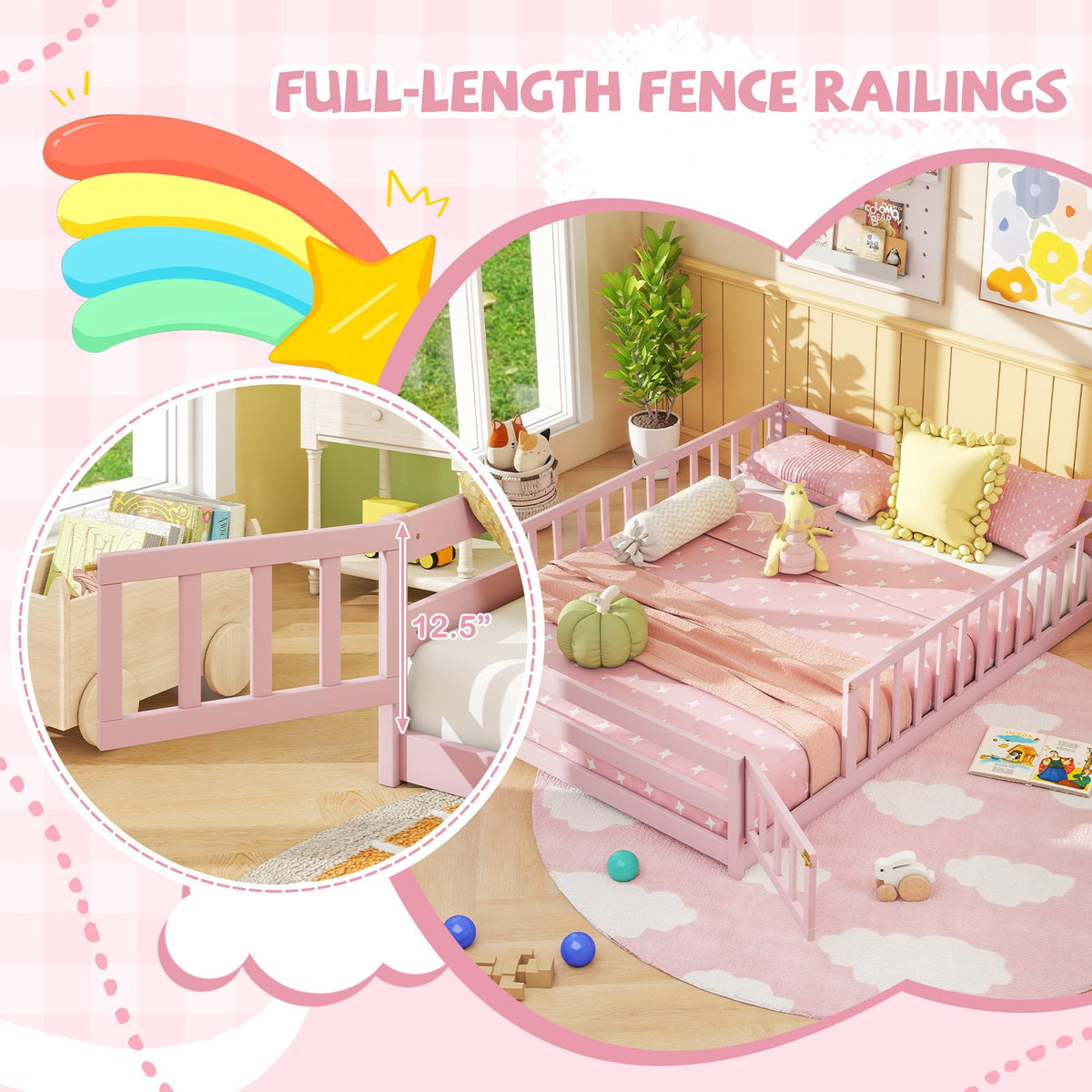 Full Size Floor Bed with Full Length Safety Guardrails-Pink view 5