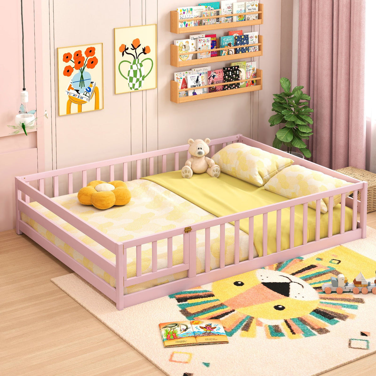 Full Size Floor Bed with Full Length Safety Guardrails-Pink view 6
