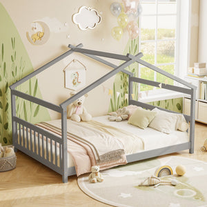 Full Size House Bed Montessori Floor Bed with Headboard-Gray view 2