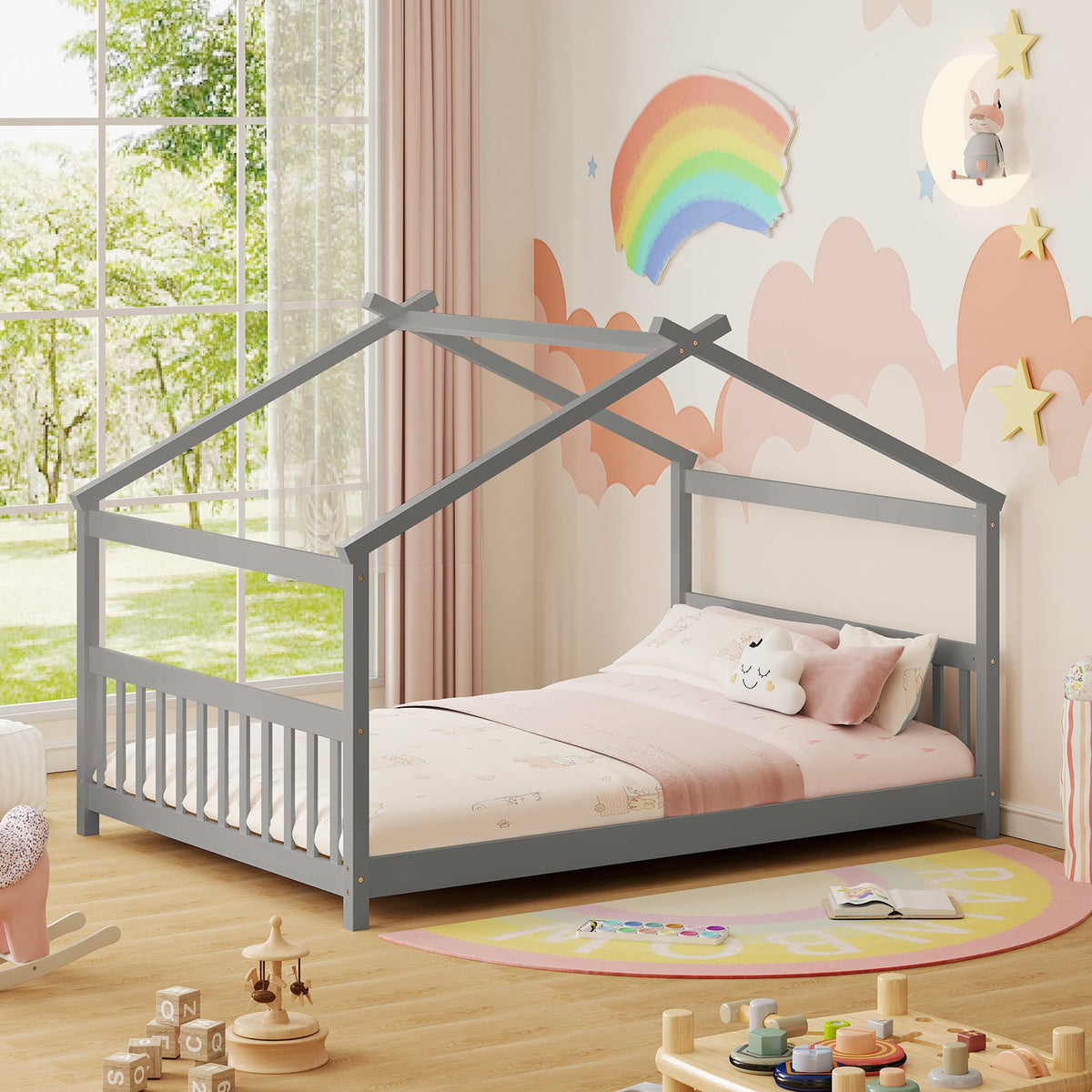 Full Size House Bed Montessori Floor Bed with Headboard-Gray view 3