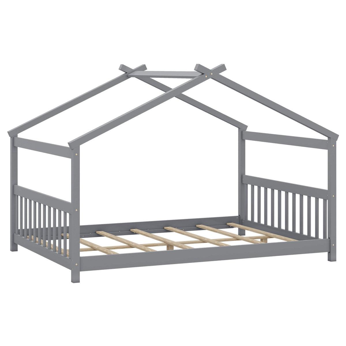 Full Size House Bed Montessori Floor Bed with Headboard-Gray view 4