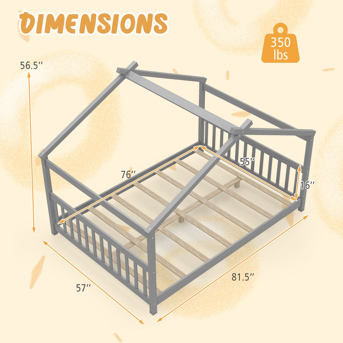 Full Size House Bed Montessori Floor Bed with Headboard-Gray view 5