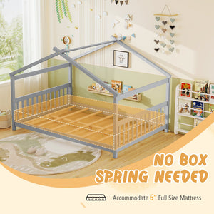 Full Size House Bed Montessori Floor Bed with Headboard-Gray view 6