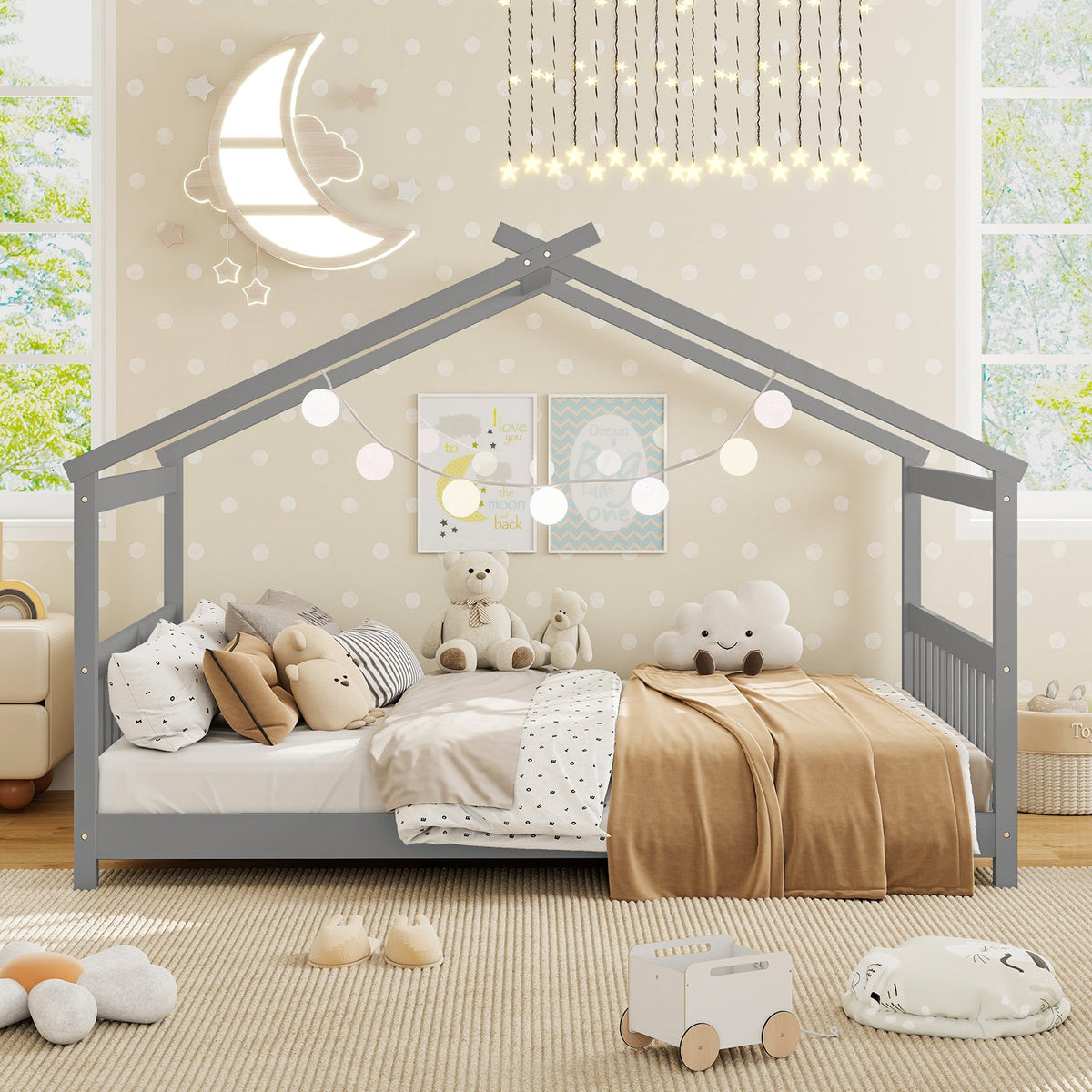 Full Size House Bed Montessori Floor Bed with Headboard-Gray view 8