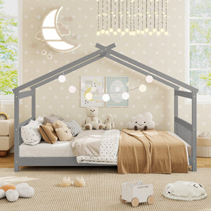 Full Size House Bed Montessori Floor Bed with Headboard-Gray view 8