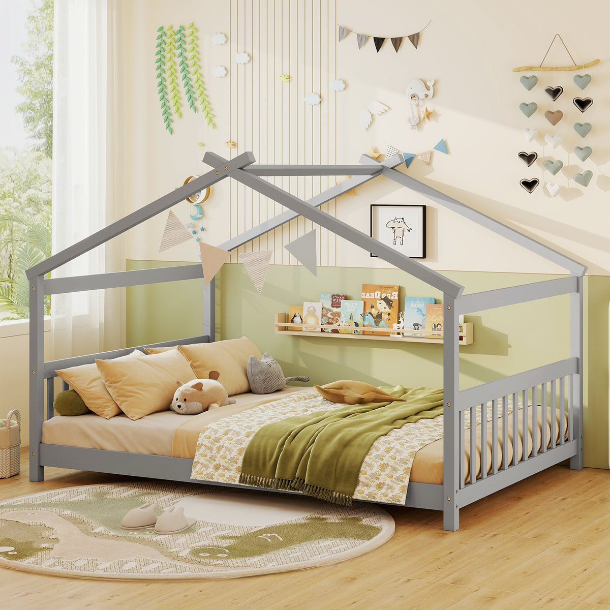 Full Size House Bed Montessori Floor Bed with Headboard-Gray view 9