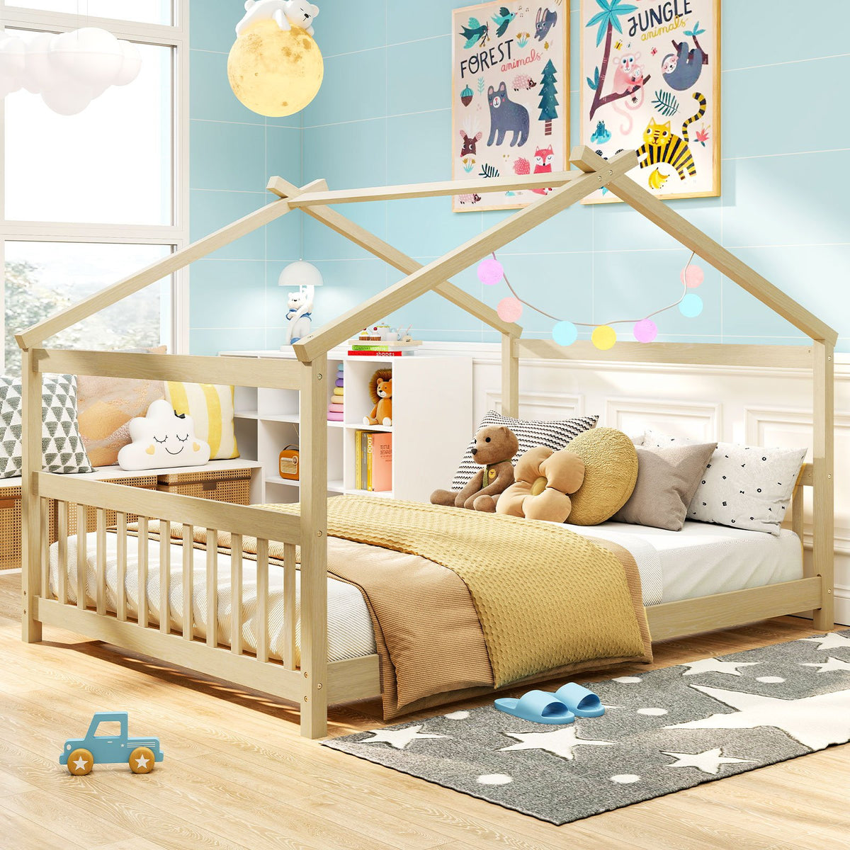 Full Size House Bed Montessori Floor Bed with Headboard-Natural view 2