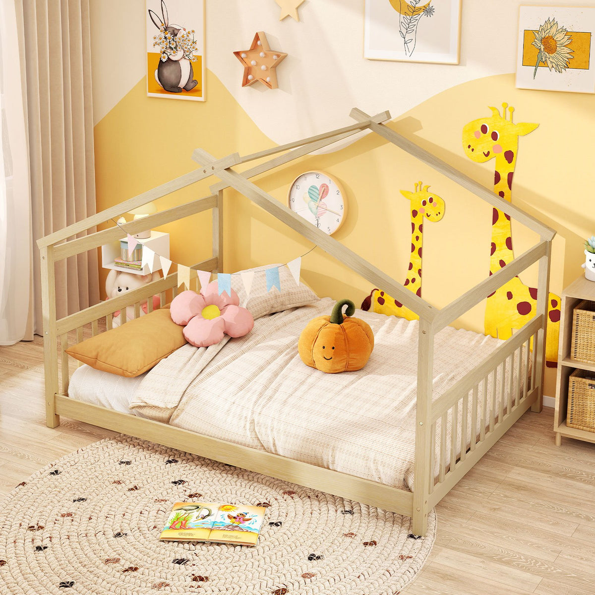 Full Size House Bed Montessori Floor Bed with Headboard-Natural view 3