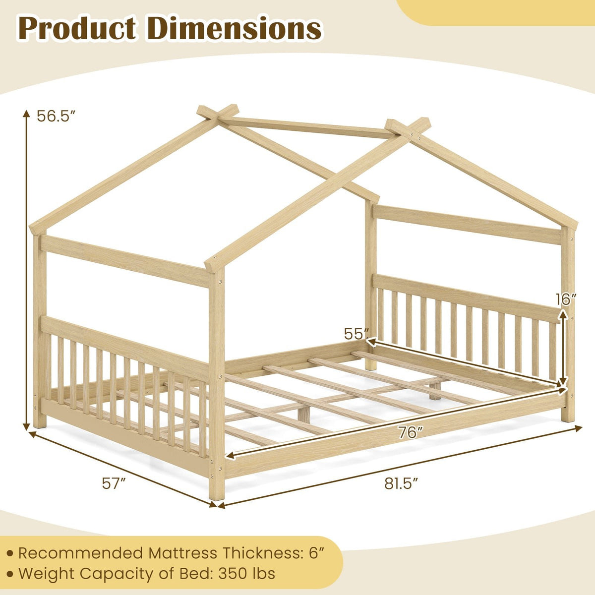 Full Size House Bed Montessori Floor Bed with Headboard-Natural view 4
