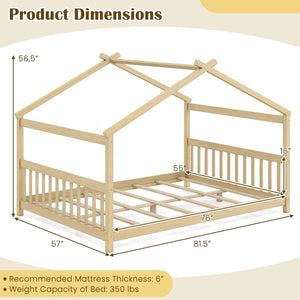 Full Size House Bed Montessori Floor Bed with Headboard-Natural view 4