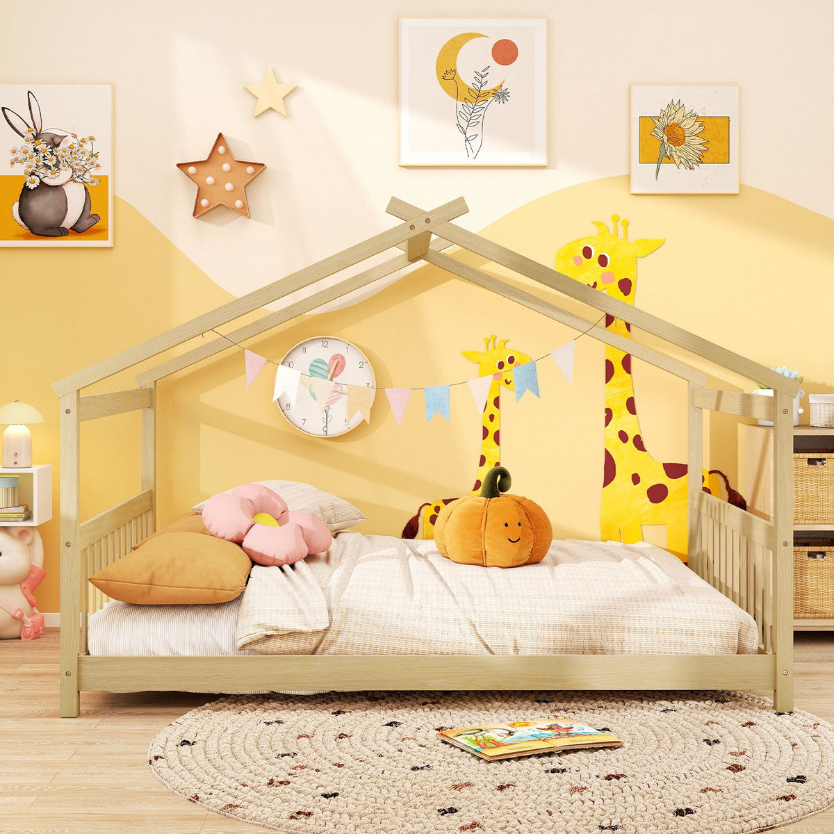 Full Size House Bed Montessori Floor Bed with Headboard-Natural view 5