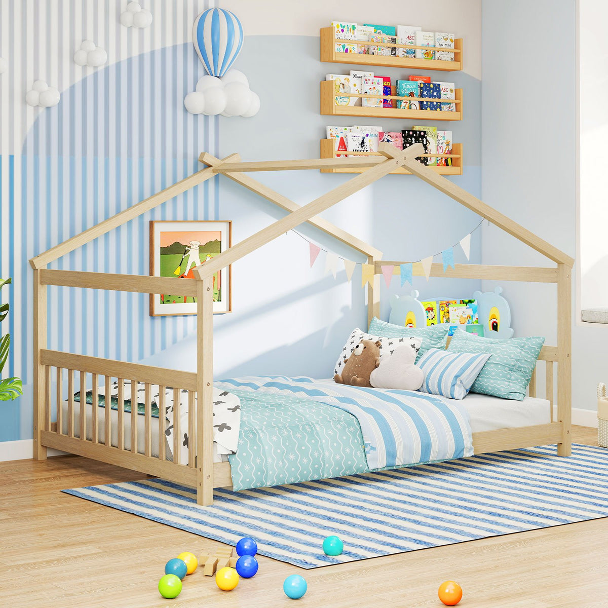 Full Size House Bed Montessori Floor Bed with Headboard-Natural view 6