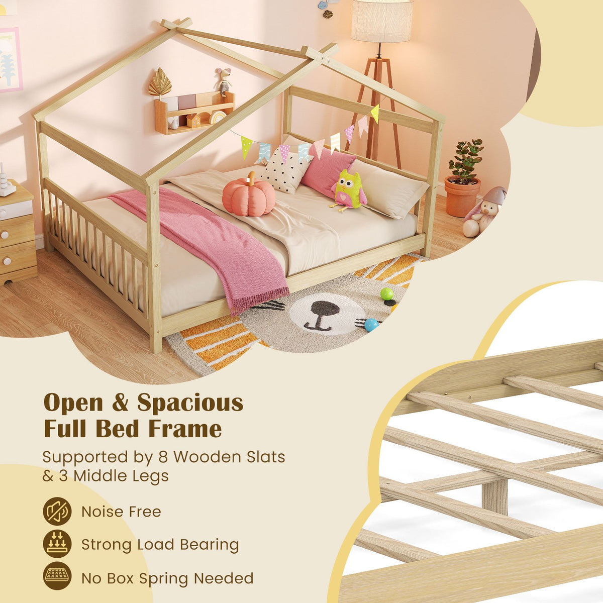 Full Size House Bed Montessori Floor Bed with Headboard-Natural view 8
