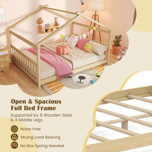 Full Size House Bed Montessori Floor Bed with Headboard-Natural view 8