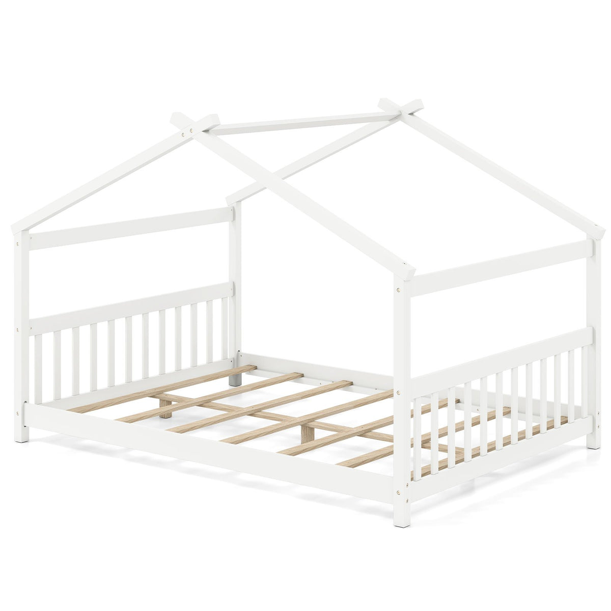 Full Size House Bed Montessori Floor Bed with Headboard-White view 2