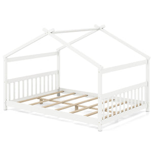Full Size House Bed Montessori Floor Bed with Headboard-White view 2