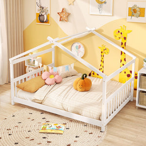 Full Size House Bed Montessori Floor Bed with Headboard-White view 4