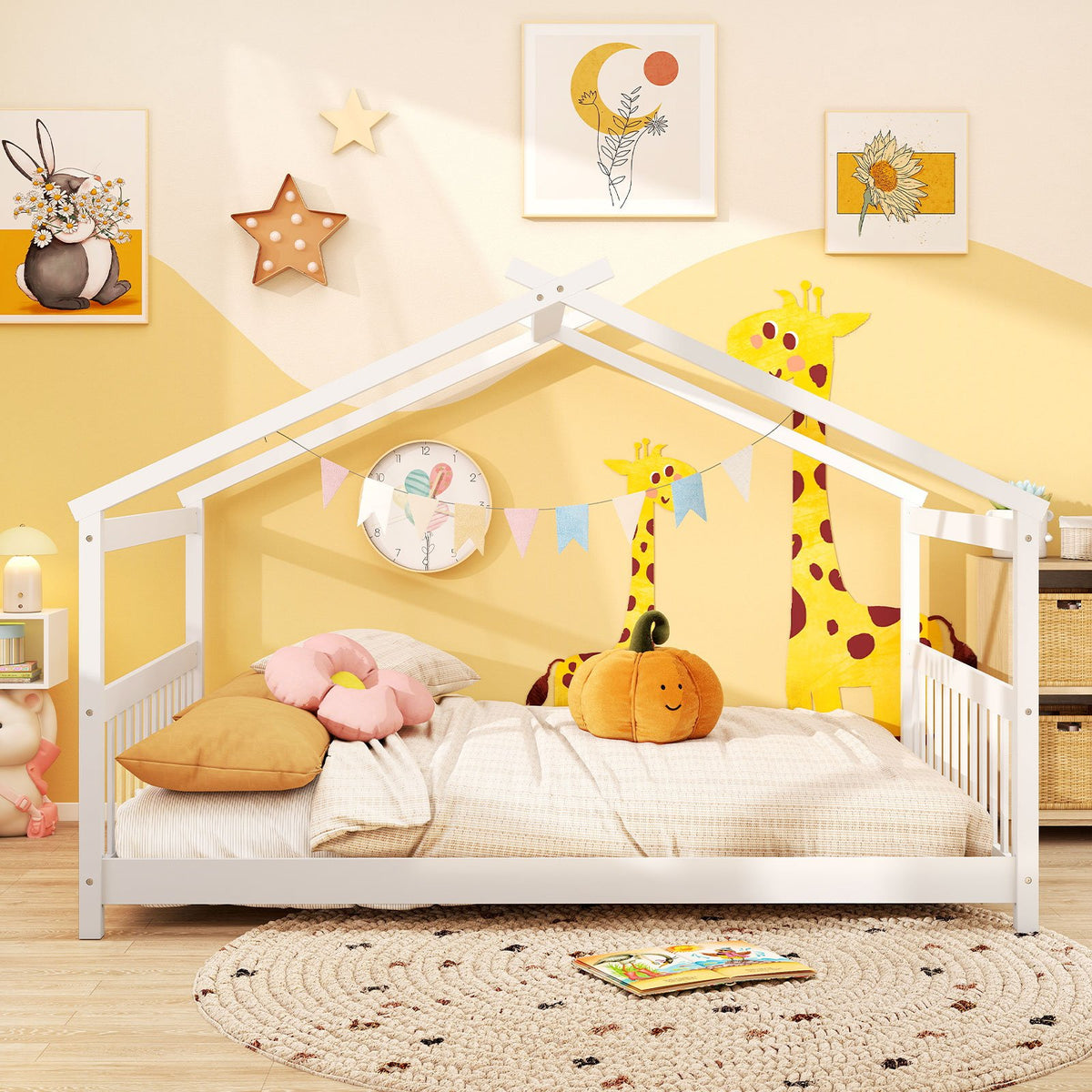 Full Size House Bed Montessori Floor Bed with Headboard-White view 6