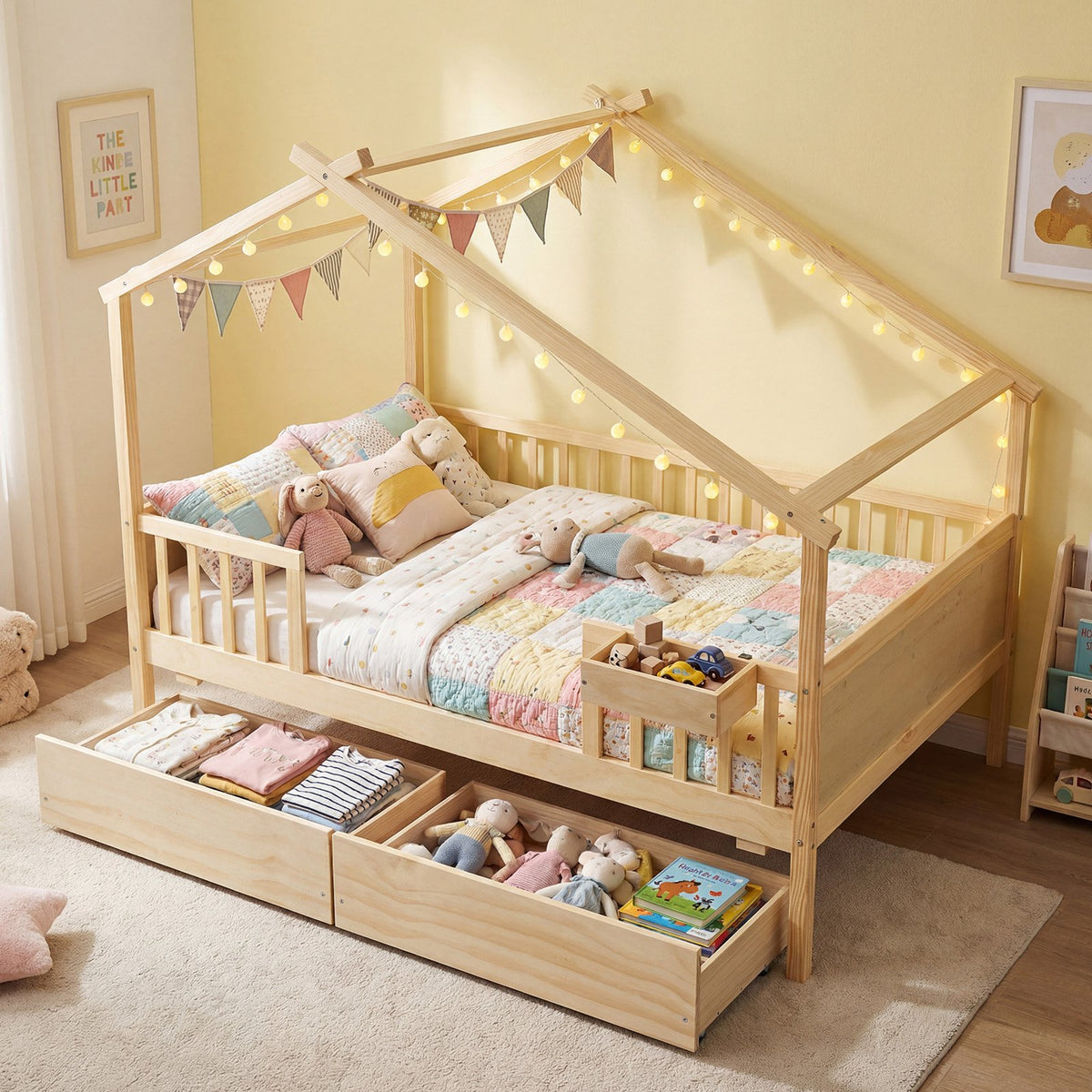 Full Size House Bed with Roof and Fence Rails for Kid-Natural view 2