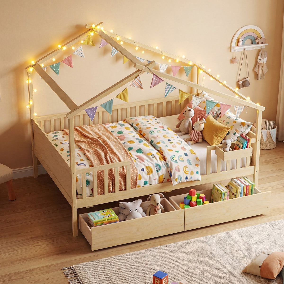 Full Size House Bed with Roof and Fence Rails for Kid-Natural view 3