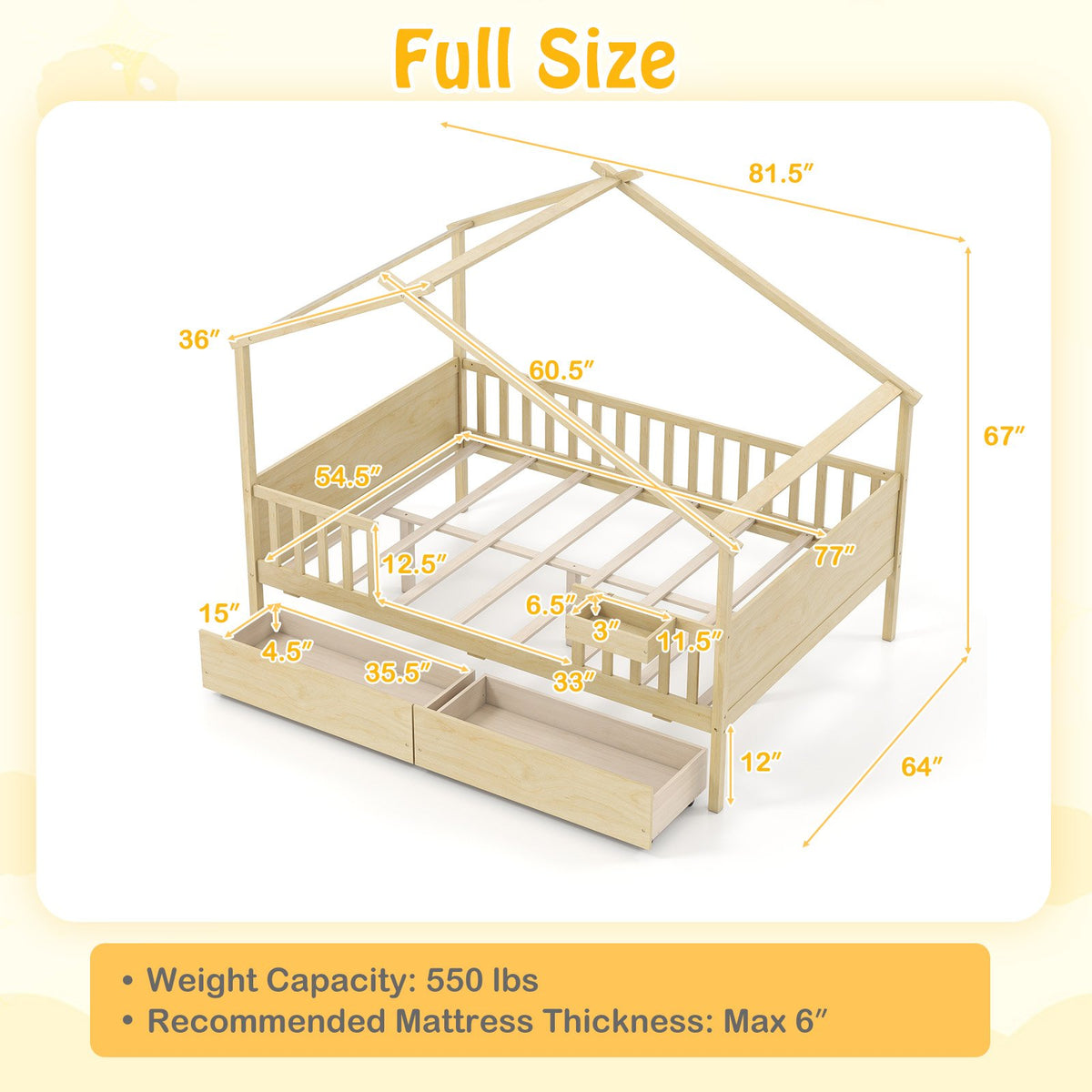 Full Size House Bed with Roof and Fence Rails for Kid-Natural view 4