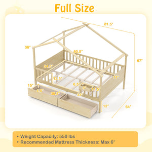 Full Size House Bed with Roof and Fence Rails for Kid-Natural view 4
