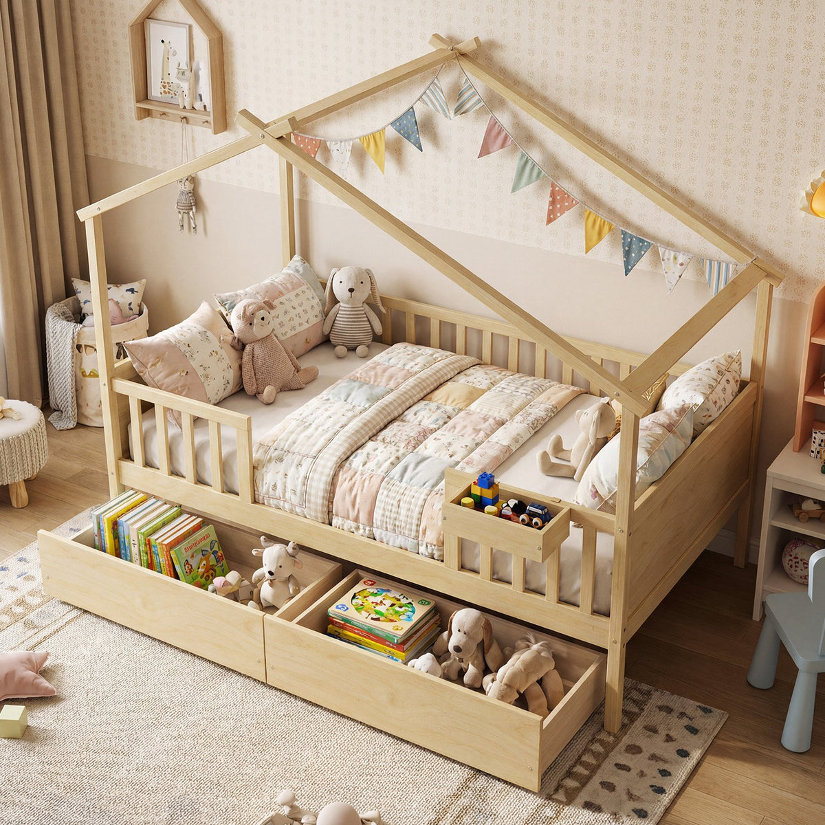 Full Size House Bed with Roof and Fence Rails for Kid-Natural view 5