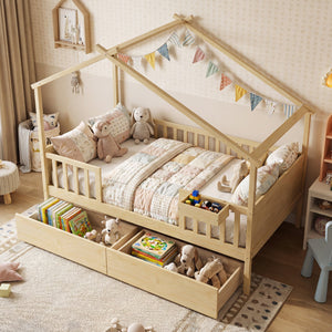 Full Size House Bed with Roof and Fence Rails for Kid-Natural view 5