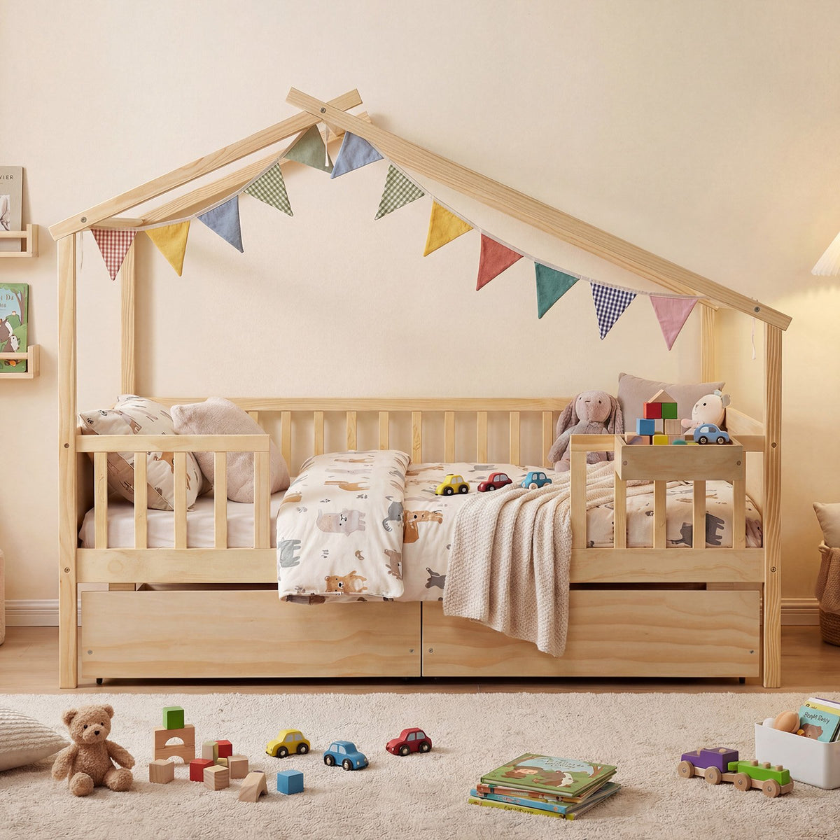 Full Size House Bed with Roof and Fence Rails for Kid-Natural view 6